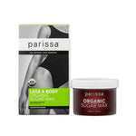 A box of Parissa Organic Sugar Wax Legs & Body for sensitive skin, featuring a woman in a black swimsuit. The USDA Organic product offers natural hair removal and includes biodegradable waxing strips.