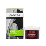 A box of Parissa Organic Sugar Wax Legs & Body for sensitive skin, featuring a woman in a black swimsuit. The USDA Organic product offers natural hair removal and includes biodegradable waxing strips.