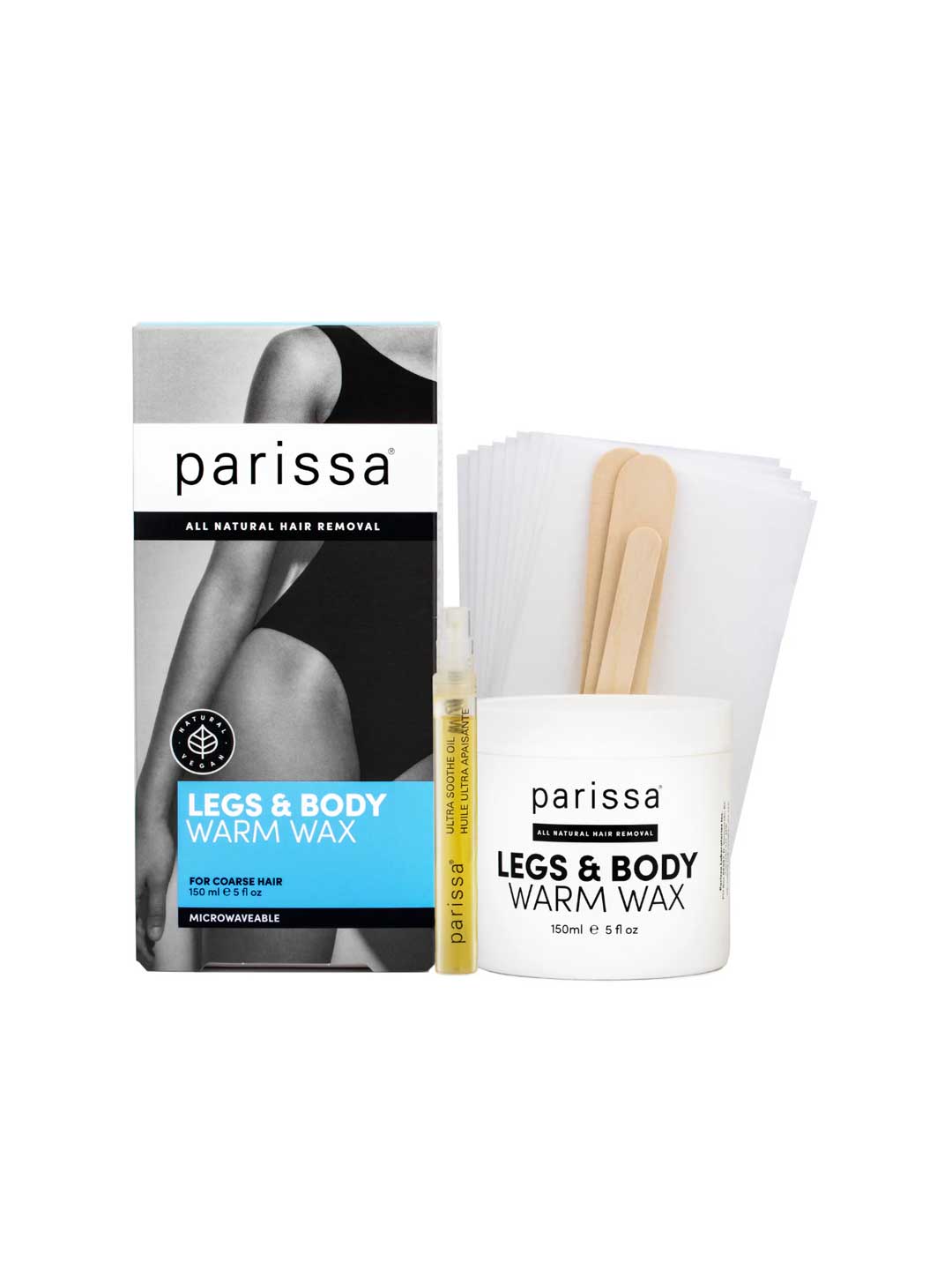 Parissa Warm Wax Legs and Body 150ml is a vegan hair removal kit with wooden spatulas, waxing strips, and aftercare oil—everything you need for smooth skin at home.