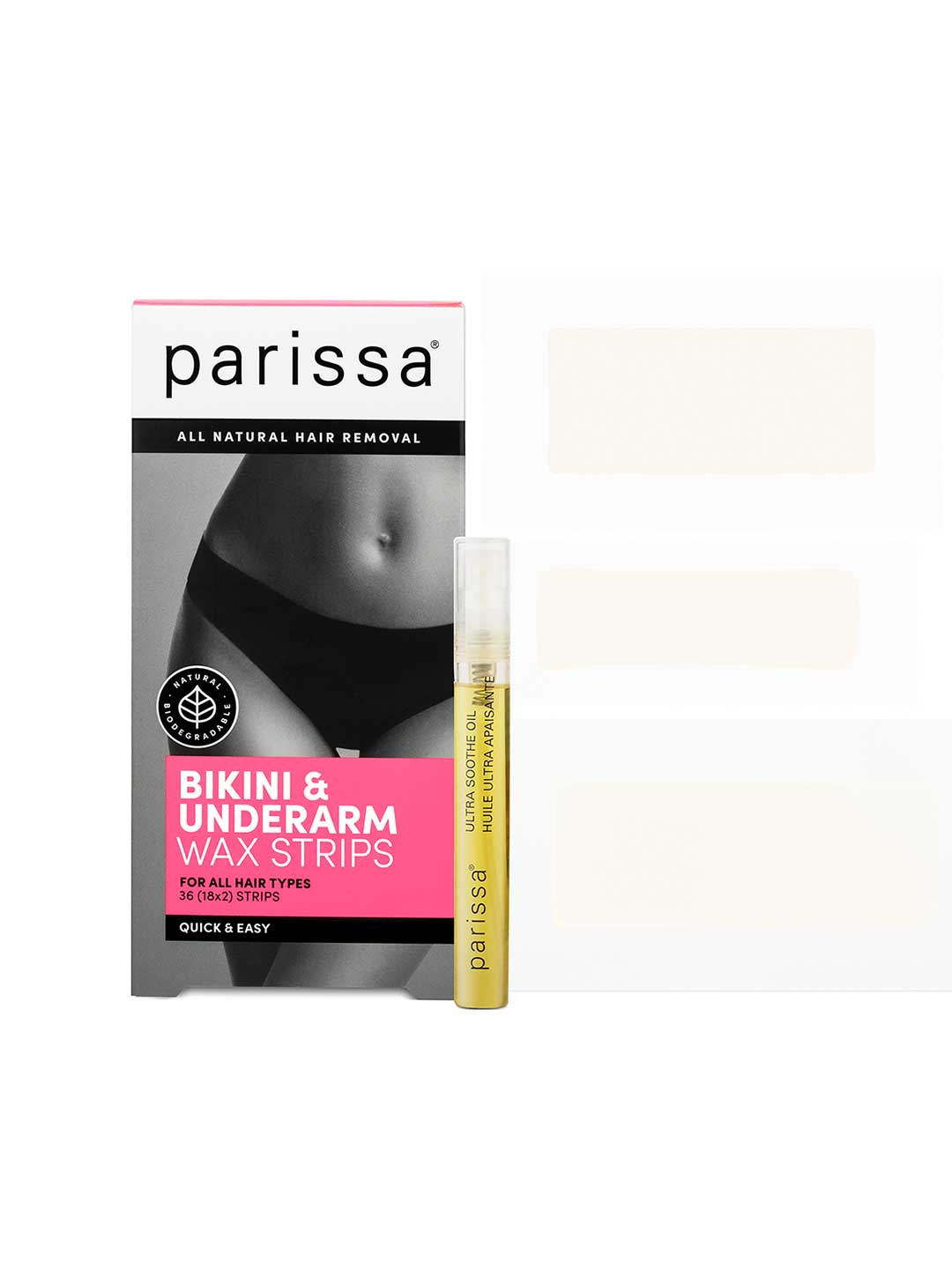A box of Parissa Wax Strips Bikini and Underarm, ideal for sensitive skin hair removal, shows a woman’s midsection in black underwear with a small yellow tube of aftercare oil. All-natural and gentle for delicate areas.