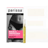 A box of Parissa Wax Strips Bikini and Underarm, ideal for sensitive skin hair removal, shows a woman’s midsection in black underwear with a small yellow tube of aftercare oil. All-natural and gentle for delicate areas.