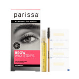 Parissa Brow Wax Strips kit includes a box with an eye image, blue azulene oil tube, spoolie brush, and multiple biodegradable wax strips for easy at-home eyebrow waxing.