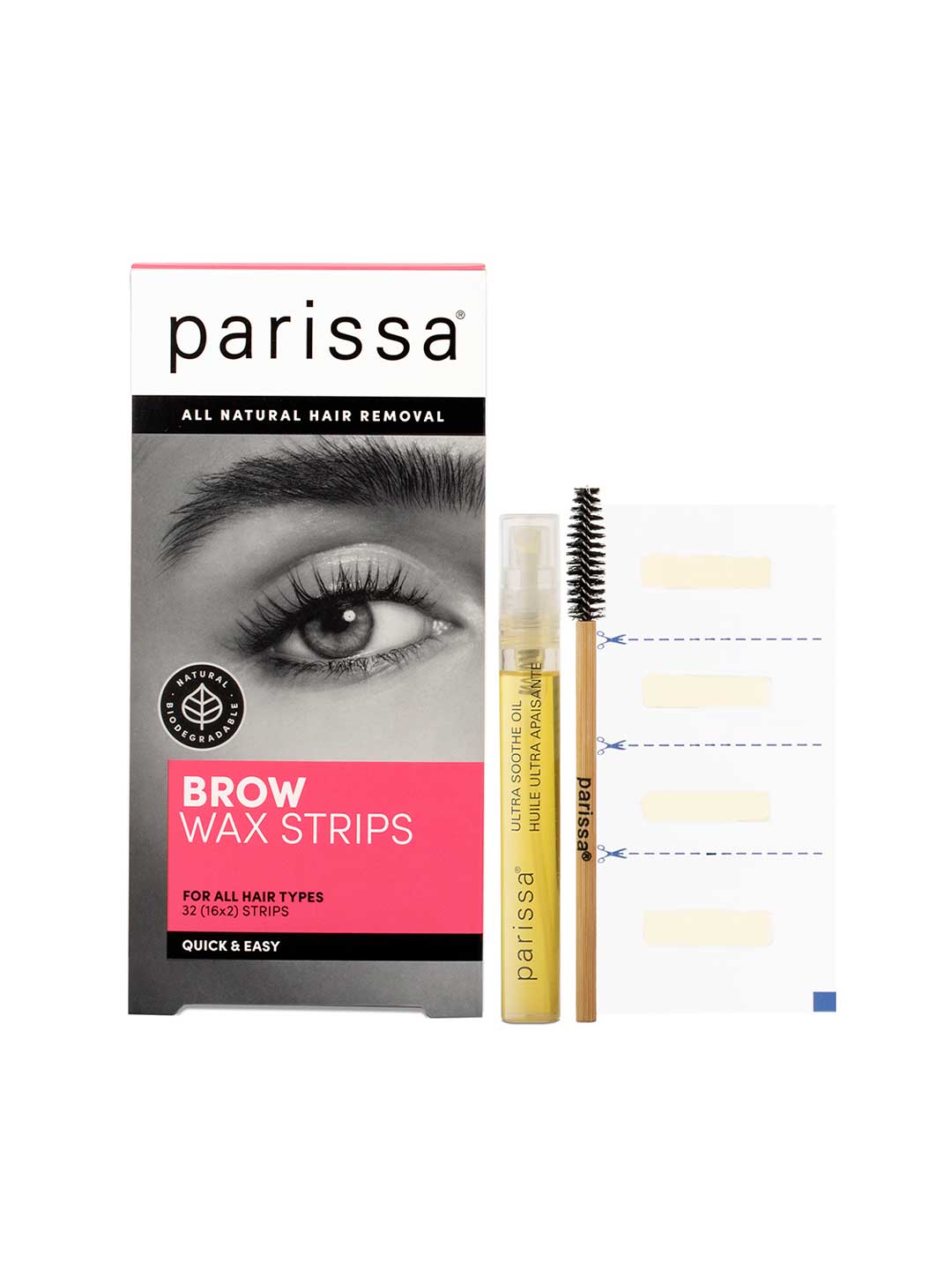 Parissa Face & Lip Wax Strips is an all-natural at-home waxing kit with face wax strips, a gel tube, spoolie brush, and instructions—ideal for eyebrow and facial hair removal.