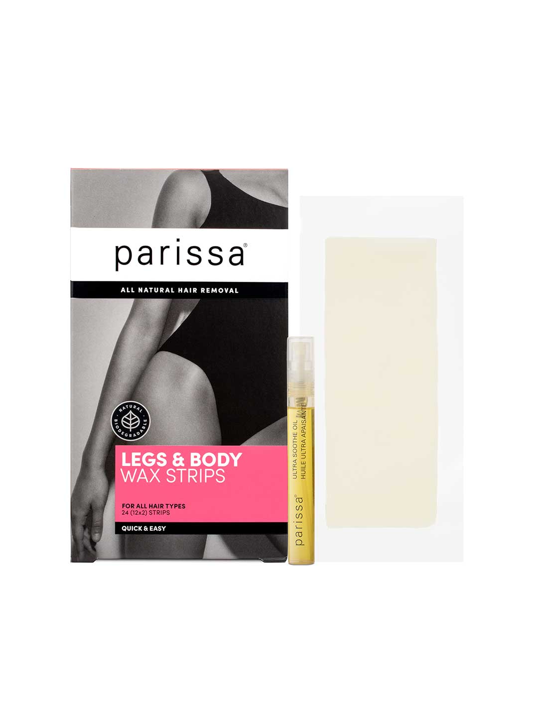 A box of Parissa Wax Strips Legs and Body is shown with a wax strip and a small oil vial. The black, white, and pink packaging highlights these easy-to-use strips for smooth legs and effective hair removal.