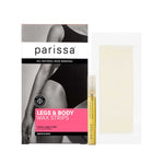 A box of Parissa Wax Strips Legs and Body is shown with a wax strip and a small oil vial. The black, white, and pink packaging highlights these easy-to-use strips for smooth legs and effective hair removal.