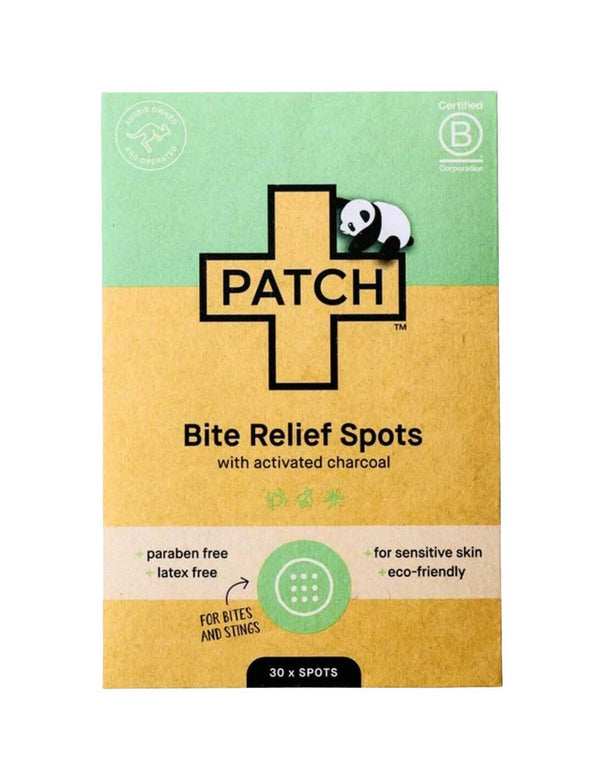 Flat green-and-mustard PATCH Bite Relief Spots packet with a large black-outlined cross, a small panda and a dotted circular patch illustration.