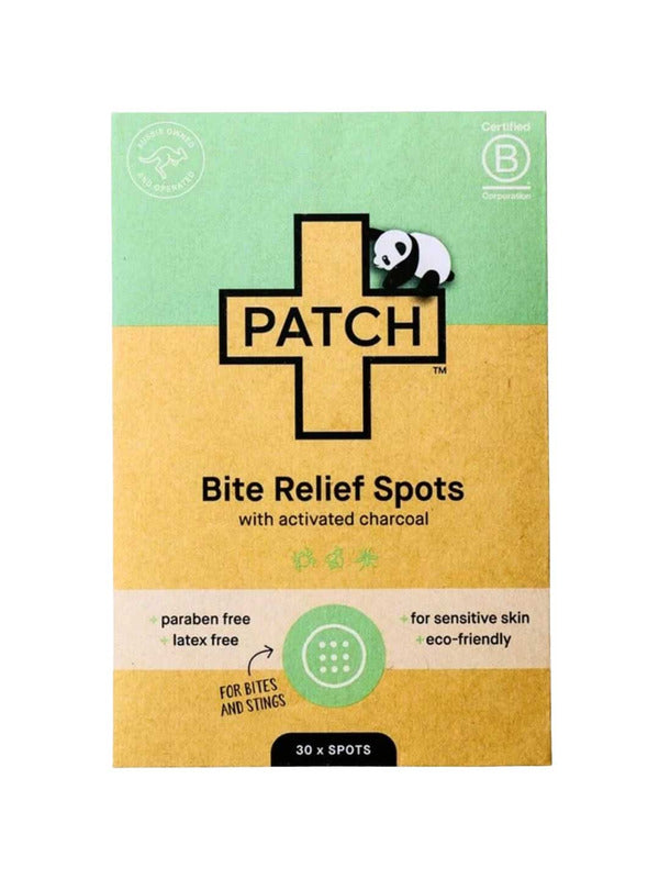 Flat green-and-mustard PATCH Bite Relief Spots packet with a large black-outlined cross, a small panda and a dotted circular patch illustration.