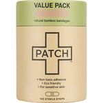 Cylindrical brown cardboard PATCH Natural Bamboo Bandages value-pack tube with a pale green top band and a large black-outlined cross on the front.