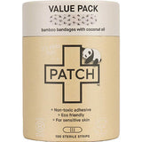 Cylindrical brown cardboard PATCH Panda Kids bandage tube with a cream top band, a panda beside a large black-outlined cross and a small strip patterned with pandas.