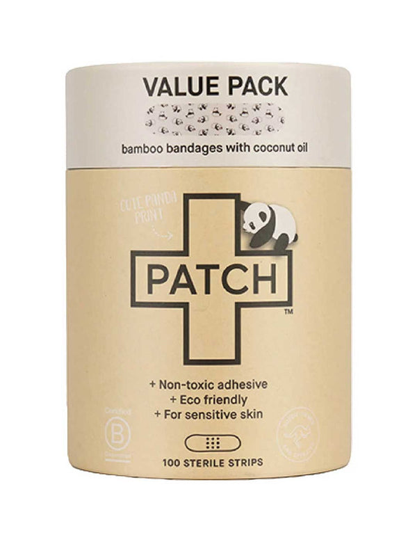 Cylindrical brown cardboard PATCH Panda Kids bandage tube with a cream top band, a panda beside a large black-outlined cross and a small strip patterned with pandas.