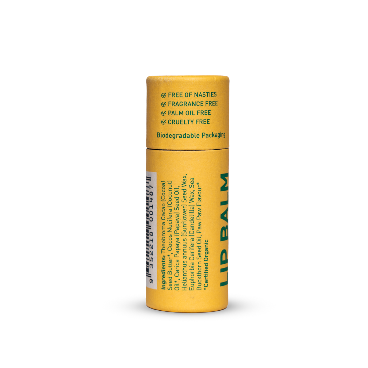 Back of a capped yellow Noosa Basics Paw Paw Lip Balm paper tube, showing green ingredient text, product information and a barcode.