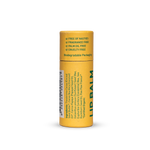 Back of a capped yellow Noosa Basics Paw Paw Lip Balm paper tube, showing green ingredient text, product information and a barcode.