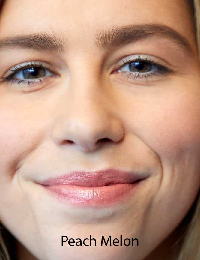 A close-up of a smiling woman’s face shows natural makeup with nourishing Luk Beautifood Lip Nourish Lipsticks 3g in a peach-toned shade. “Peach Melon” appears at the bottom of the image.