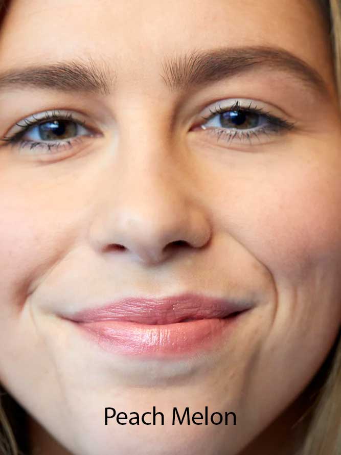 A close-up of a smiling woman’s face shows natural makeup with nourishing Luk Beautifood Lip Nourish Lipsticks 3g in a peach-toned shade. “Peach Melon” appears at the bottom of the image.