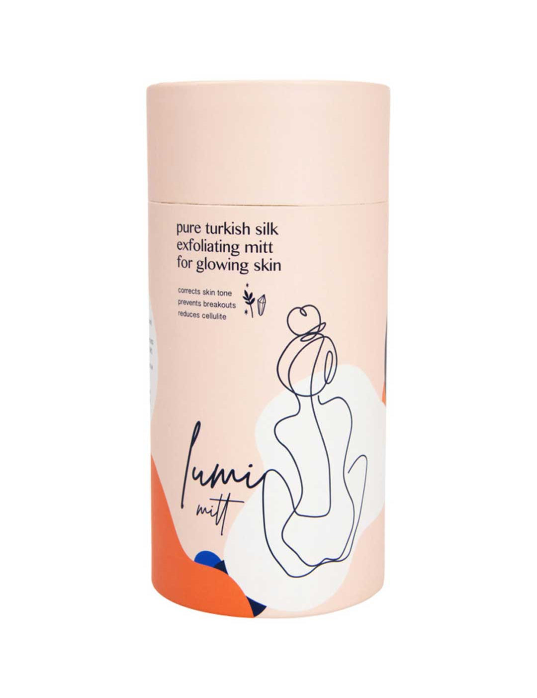 The Pelvi Lumi Turkish Silk Exfoliating Mitt is a cylindrical container holding a mitt that removes dead skin for glowing, brighter skin. The packaging features minimalist abstract art and text on a light peach background.