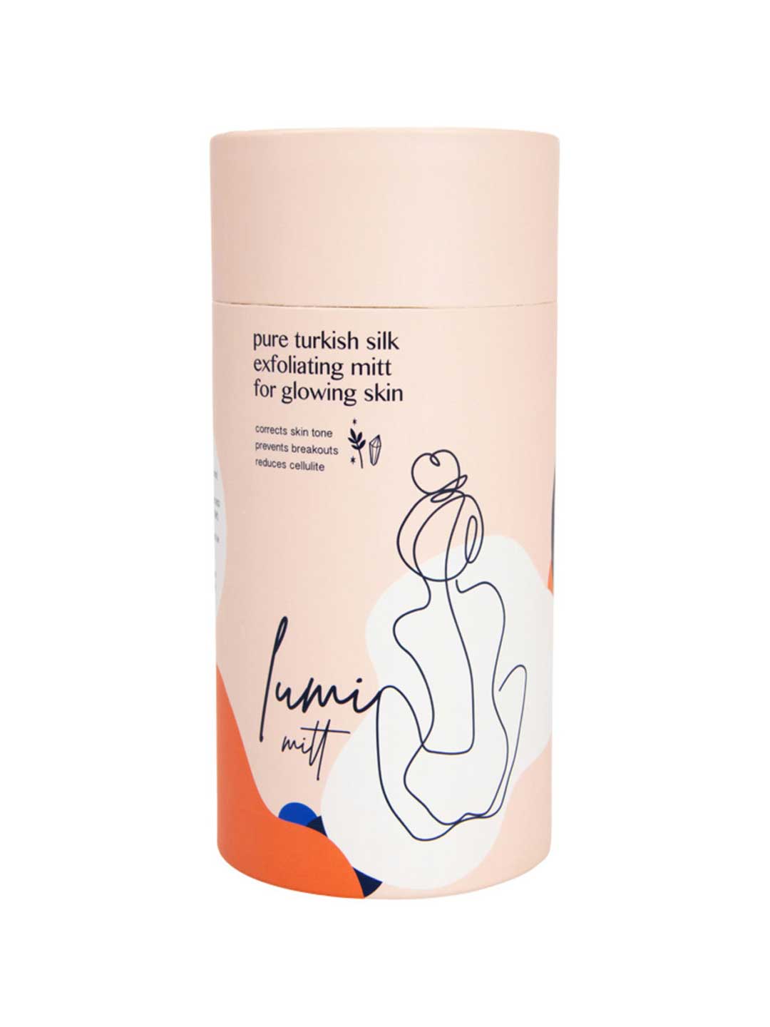 The Pelvi Lumi Turkish Silk Exfoliating Mitt is a cylindrical container holding a mitt that removes dead skin for glowing, brighter skin. The packaging features minimalist abstract art and text on a light peach background.