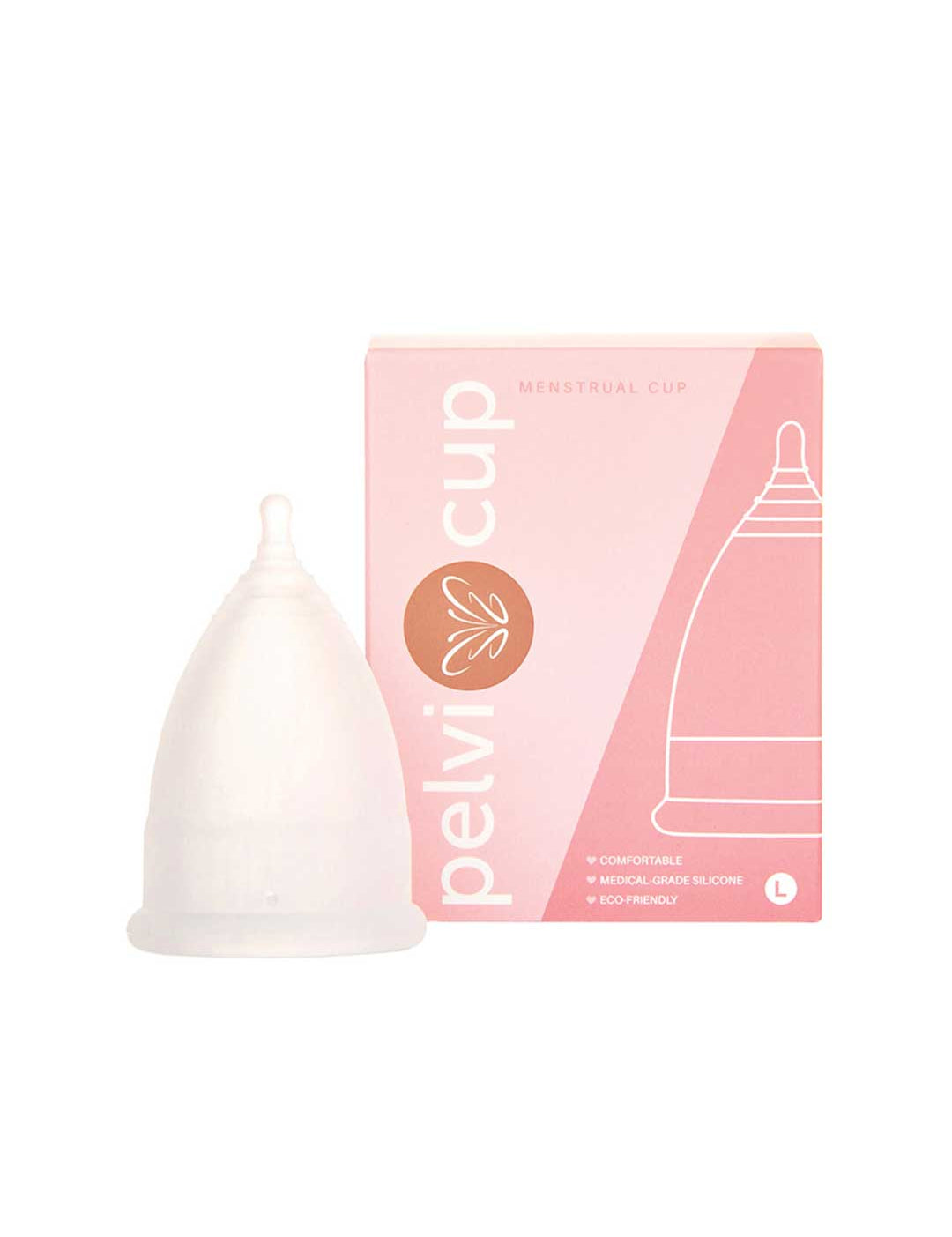 The Pelvi Menstrual Cup Size Large, made from medical-grade silicone, stands upright beside its pink and white box with a leaf logo and cup outline—ideal for heavy flow.