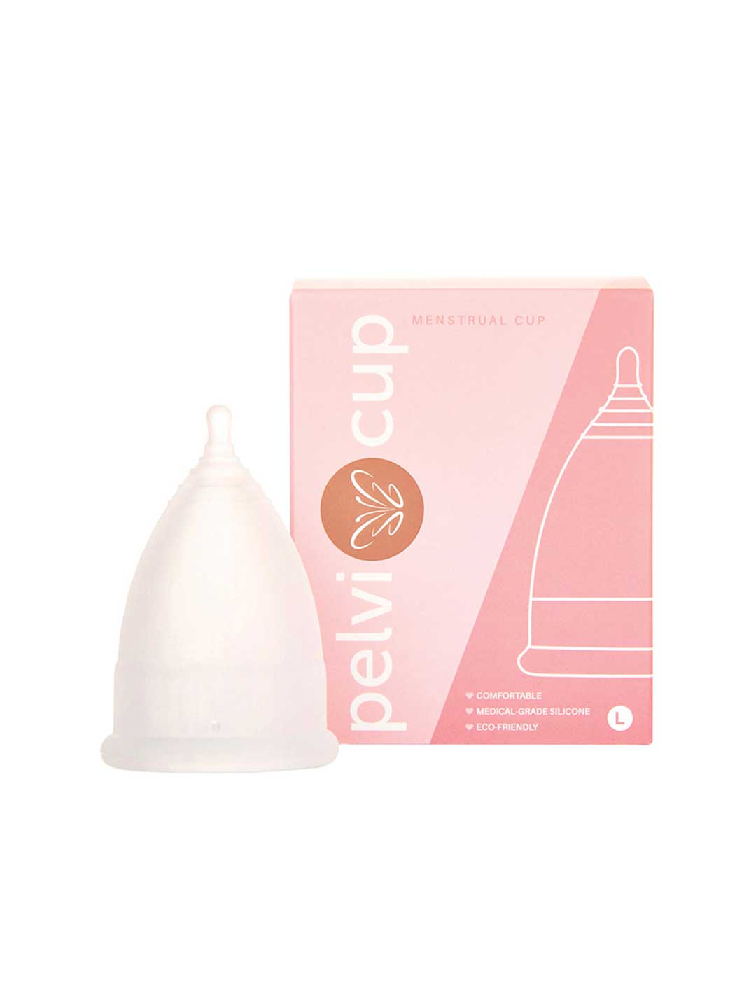 The Pelvi Menstrual Cup Size Large, made from medical-grade silicone, stands upright beside its pink and white box with a leaf logo and cup outline—ideal for heavy flow.