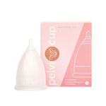 The Pelvi Menstrual Cup Size Large, made from medical-grade silicone, stands upright beside its pink and white box with a leaf logo and cup outline—ideal for heavy flow.