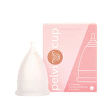 The Pelvi Menstrual Cup Size Large, made from medical-grade silicone, stands upright beside its pink and white box with a leaf logo and cup outline—ideal for heavy flow.