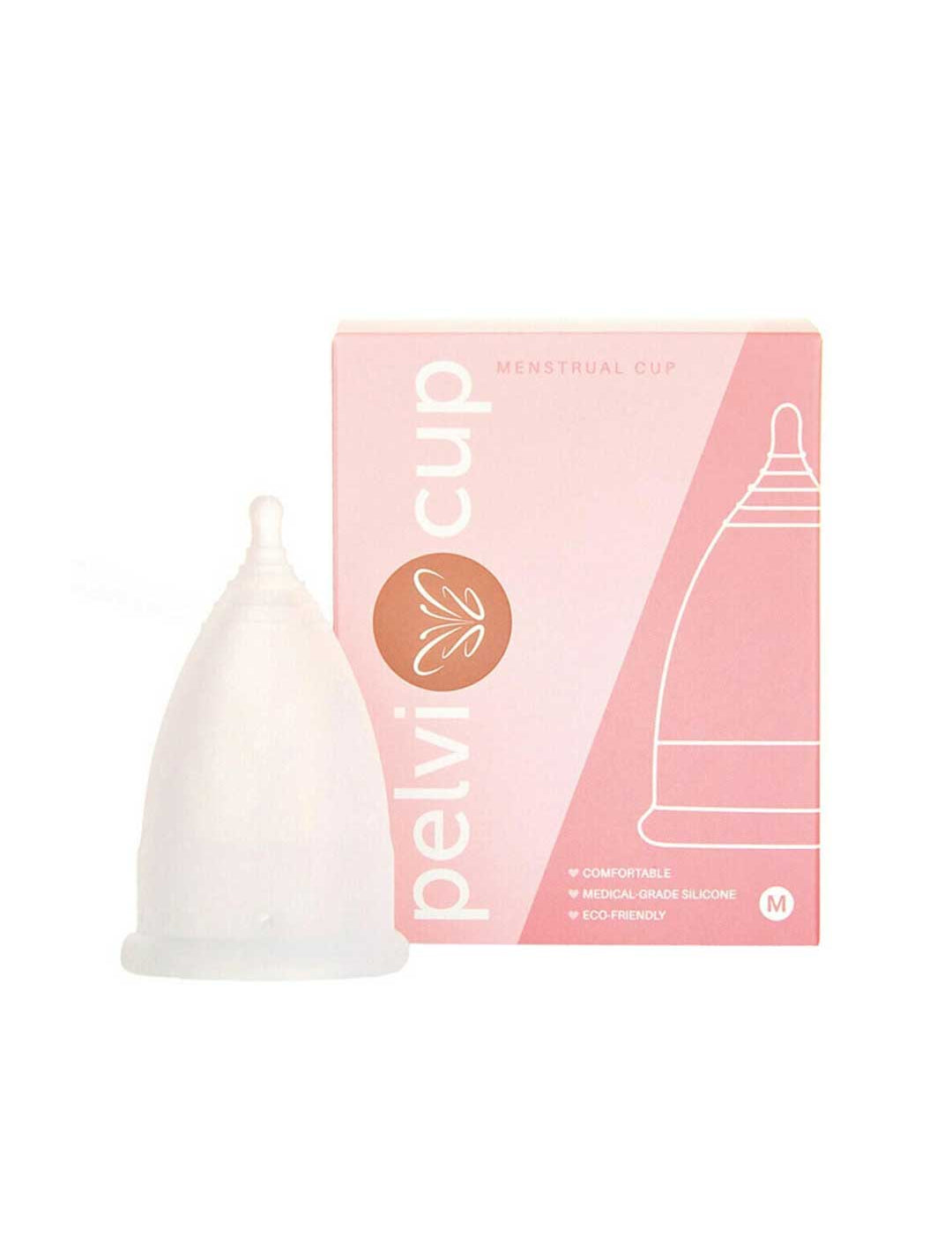 The Pelvi Menstrual Cup Size Medium, made from medical-grade silicone, sits before its pink and white packaging with a simple line illustration—ideal for those needing comfortable, reliable protection for a heavy flow.