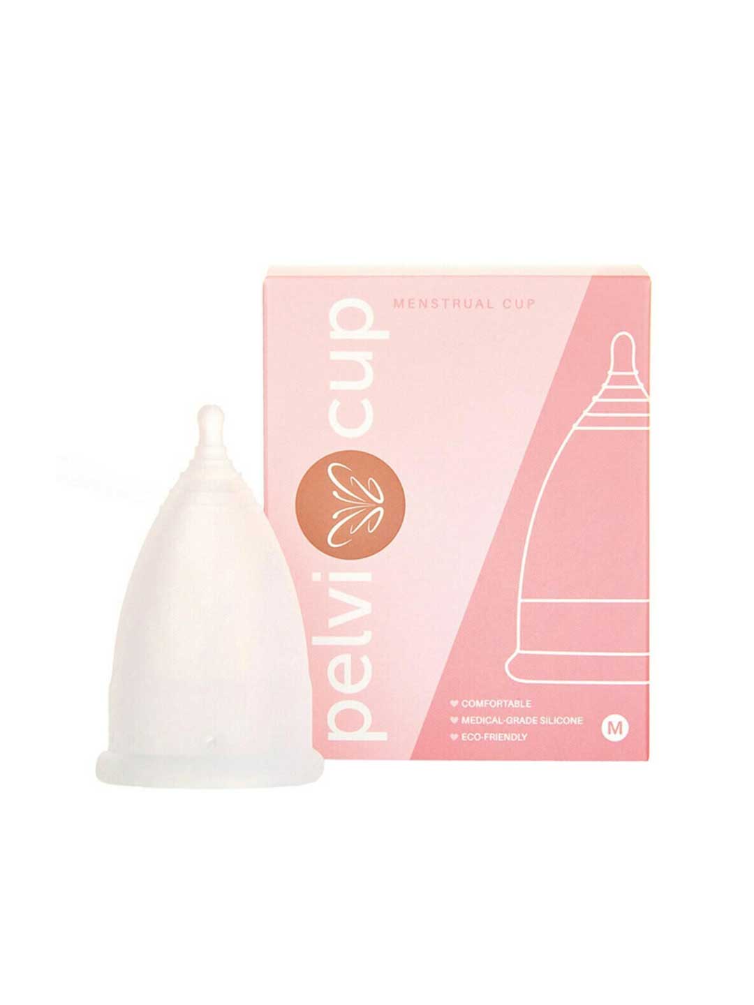The Pelvi Menstrual Cup Size Medium, made from medical-grade silicone, sits before its pink and white packaging with a simple line illustration—ideal for those needing comfortable, reliable protection for a heavy flow.