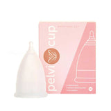 The Pelvi Menstrual Cup Size Medium, made from medical-grade silicone, sits before its pink and white packaging with a simple line illustration—ideal for those needing comfortable, reliable protection for a heavy flow.