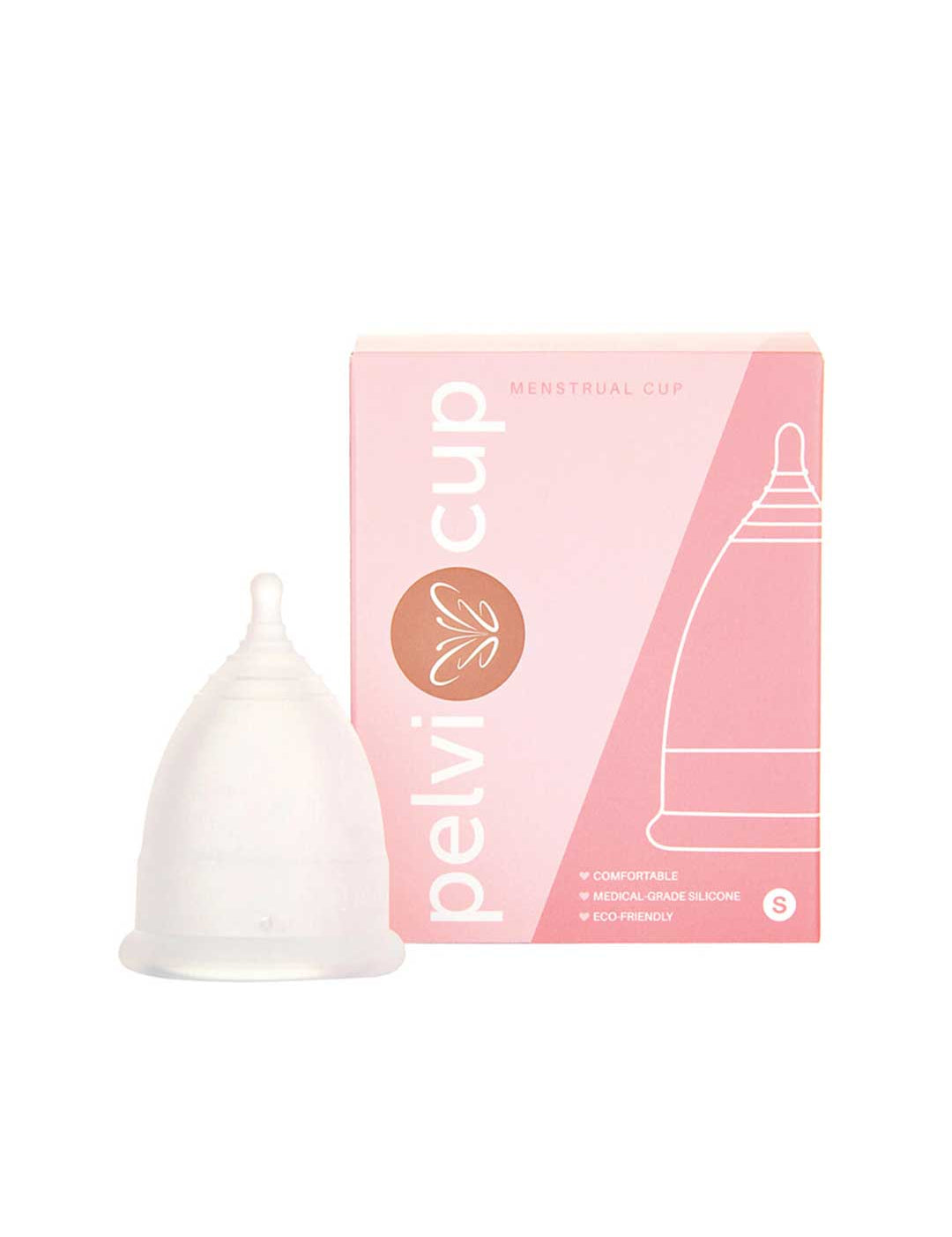 A white Pelvi Menstrual Cup Size Small, made from medical-grade silicone for heavy flow, stands beside its pink and white box featuring a line drawing of the cup and product details.