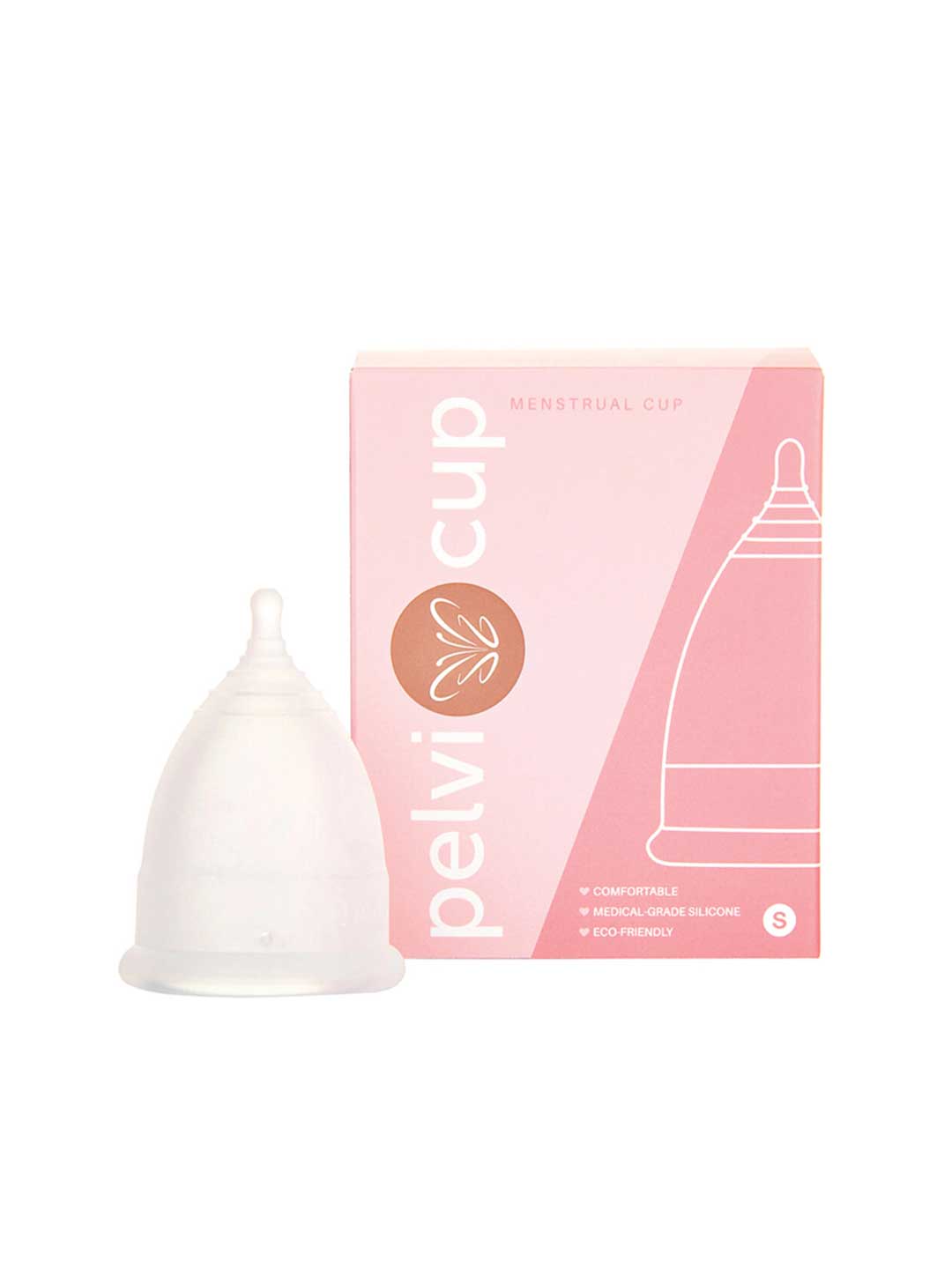 A white Pelvi Menstrual Cup Size Small, made from medical-grade silicone for heavy flow, stands beside its pink and white box featuring a line drawing of the cup and product details.