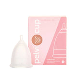 A white Pelvi Menstrual Cup Size Small, made from medical-grade silicone for heavy flow, stands beside its pink and white box featuring a line drawing of the cup and product details.