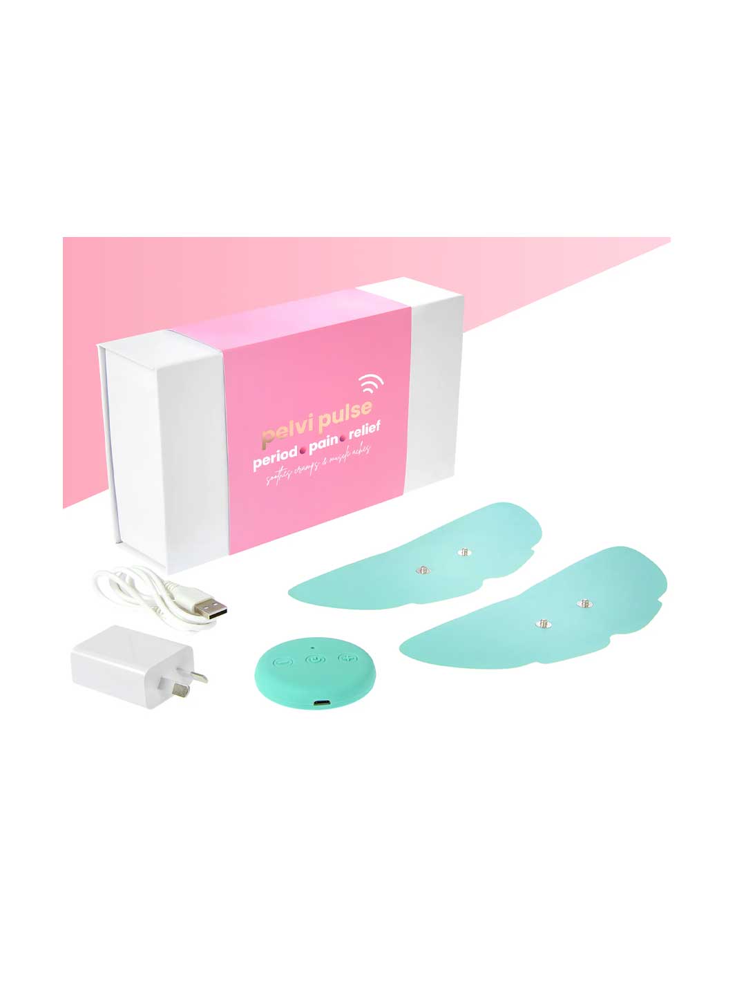 The Pelvi Pulse Tens Machine for Period Pain and Cramping includes a white and pink box, two teal electrode pads, a round remote, USB charging cable, and wall charger—designed for effective menstrual cramp relief.