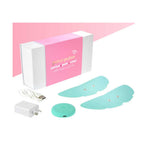 The Pelvi Pulse Tens Machine for Period Pain and Cramping includes a white and pink box, two teal electrode pads, a round remote, USB charging cable, and wall charger—designed for effective menstrual cramp relief.