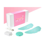 The Pelvi Pulse Tens Machine for Period Pain and Cramping includes a white and pink box, two teal electrode pads, a round remote, USB charging cable, and wall charger—designed for effective menstrual cramp relief.