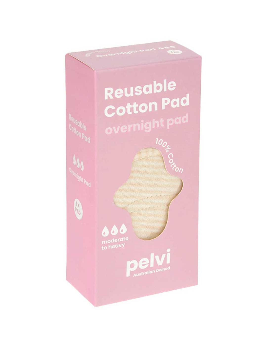The Pelvi Reusable Cotton Pad Overnight comes in a pink box with an image of a beige pad, labeled 100% cotton, suitable for moderate to heavy postpartum flow, and highlights that Pelvi is Australian owned.