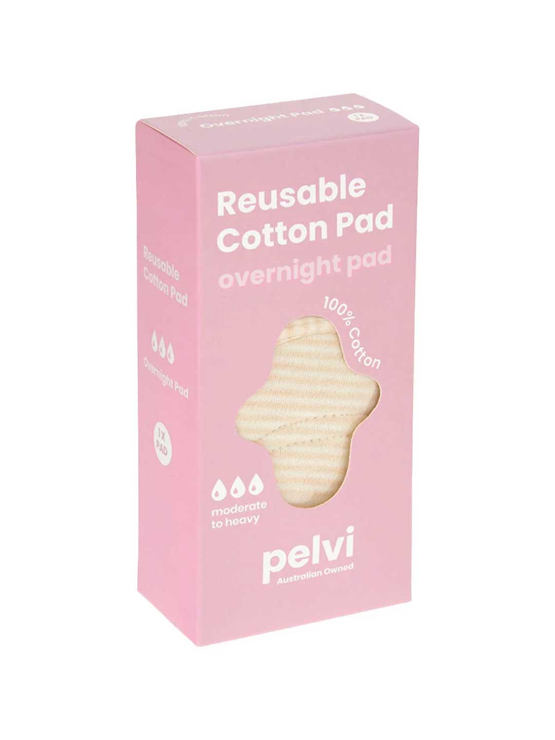 The Pelvi Reusable Cotton Pad Overnight comes in a pink box with an image of a beige pad, labeled 100% cotton, suitable for moderate to heavy postpartum flow, and highlights that Pelvi is Australian owned.