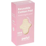 The Pelvi Reusable Cotton Pad Overnight comes in a pink box with an image of a beige pad, labeled 100% cotton, suitable for moderate to heavy postpartum flow, and highlights that Pelvi is Australian owned.