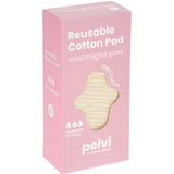 The Pelvi Reusable Cotton Pad Overnight comes in a pink box with an image of a beige pad, labeled 100% cotton, suitable for moderate to heavy postpartum flow, and highlights that Pelvi is Australian owned.