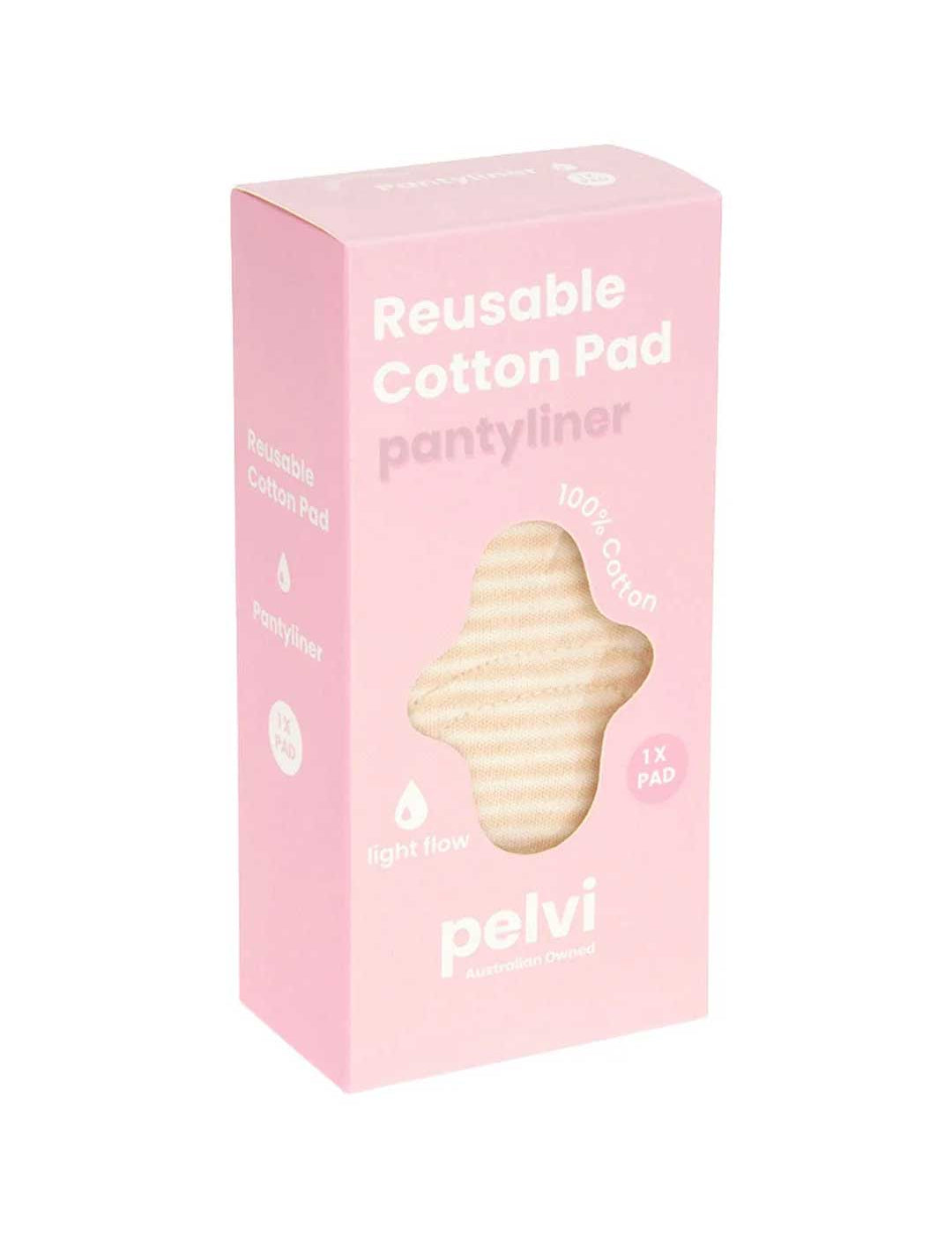 A pink Pelvi Reusable Cotton Pad Panty Liner box shows a cream-striped washable pad through a window, featuring 100% cotton, light flow, 1x pad; the brand name is at the bottom.