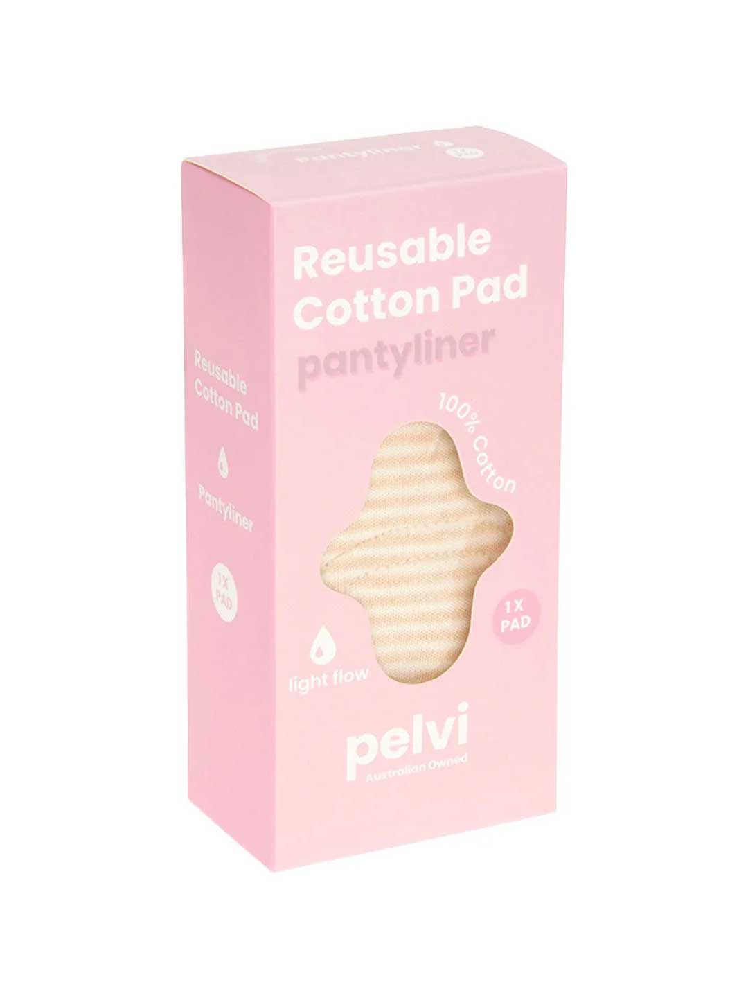 A pink Pelvi Reusable Cotton Pad Panty Liner box shows a cream-striped washable pad through a window, featuring 100% cotton, light flow, 1x pad; the brand name is at the bottom.