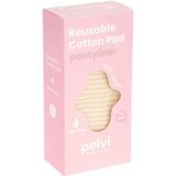 A pink Pelvi Reusable Cotton Pad Panty Liner box shows a cream-striped washable pad through a window, featuring 100% cotton, light flow, 1x pad; the brand name is at the bottom.