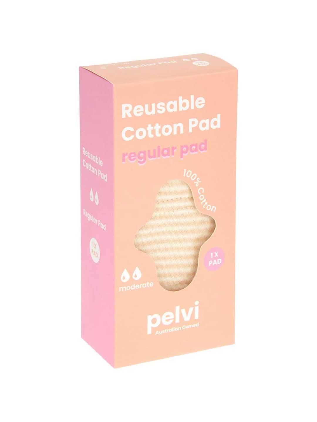 A pink and orange box labeled Pelvi Reusable Cotton Pad Regular, made from 100% cotton. This eco-friendly pad suits moderate flow or light bladder leakage; the box has a texture cutout and icons showing 1 pad inside.