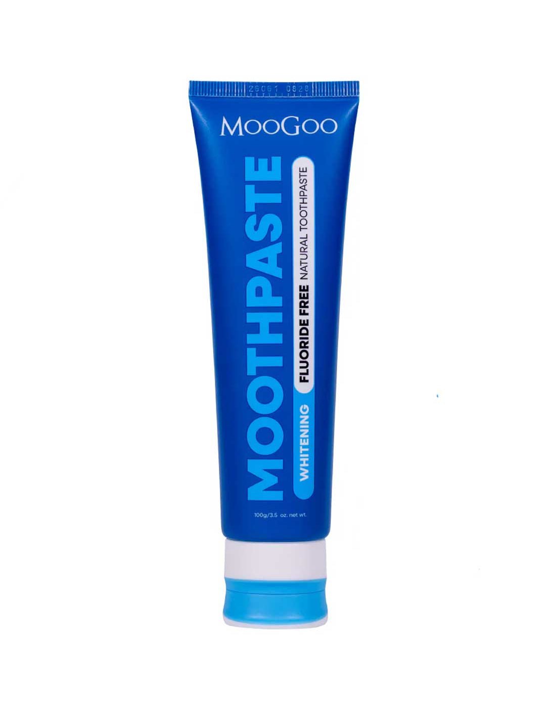 A 100g blue tube of MooGoo Whitening Peppermint Moothpaste - Fluoride Free stands upright on a white background, showcasing its natural hydroxyapatite formula for whitening, from the brand MooGoo.