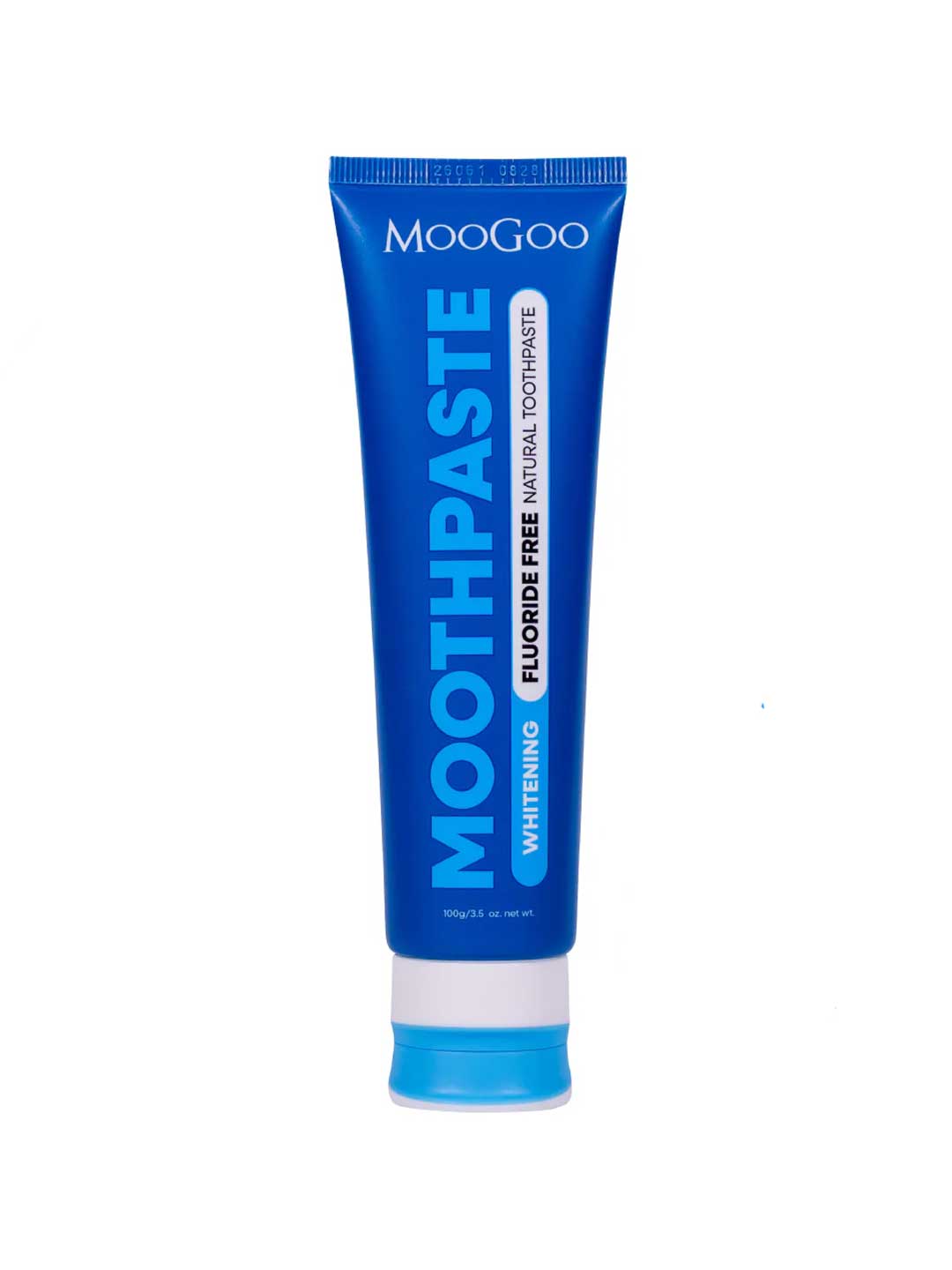 A 100g blue tube of MooGoo Whitening Peppermint Moothpaste - Fluoride Free stands upright on a white background, showcasing its natural hydroxyapatite formula for whitening, from the brand MooGoo.