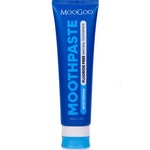 A 100g blue tube of MooGoo Whitening Peppermint Moothpaste - Fluoride Free stands upright on a white background, showcasing its natural hydroxyapatite formula for whitening, from the brand MooGoo.