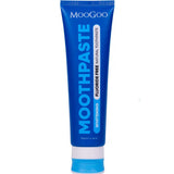 A 100g blue tube of MooGoo Whitening Peppermint Moothpaste - Fluoride Free stands upright on a white background, showcasing its natural hydroxyapatite formula for whitening, from the brand MooGoo.