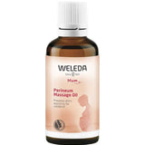 A brown glass bottle labeled Weleda Mum Perineum Massage Oil 50ml with a white cap. The label features a pregnant woman silhouette and states it helps prepare skin’s elasticity for childbirth.