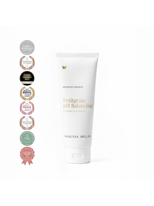 Vanessa Megan Petitgrain Cream Cleanser with its award badges