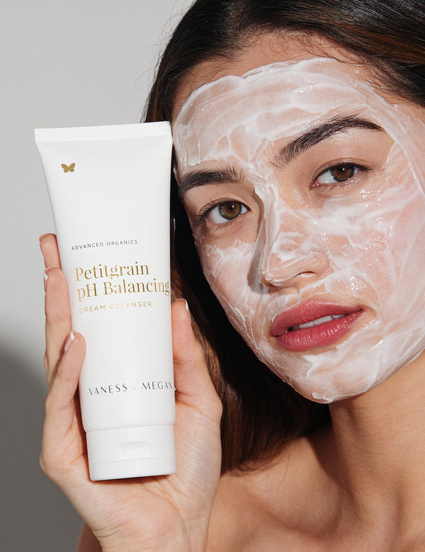 Model using Vanessa Megan Petitgrain pH Balancing Cream Cleanser