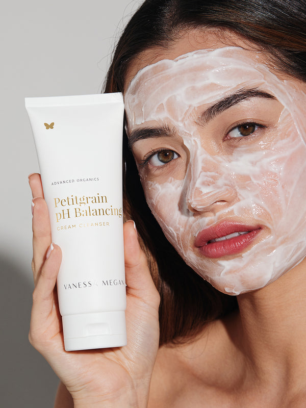 Model using Vanessa Megan Petitgrain pH Balancing Cream Cleanser