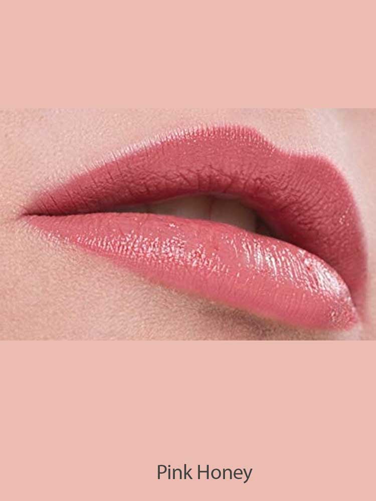 Close-up of lips wearing Benecos Natural Lipsticks 4.5g in a glossy pink shade, hydrating and enhancing your pout. The upper lip gently overlaps the lower, set against a matching pink background for a natural effect.